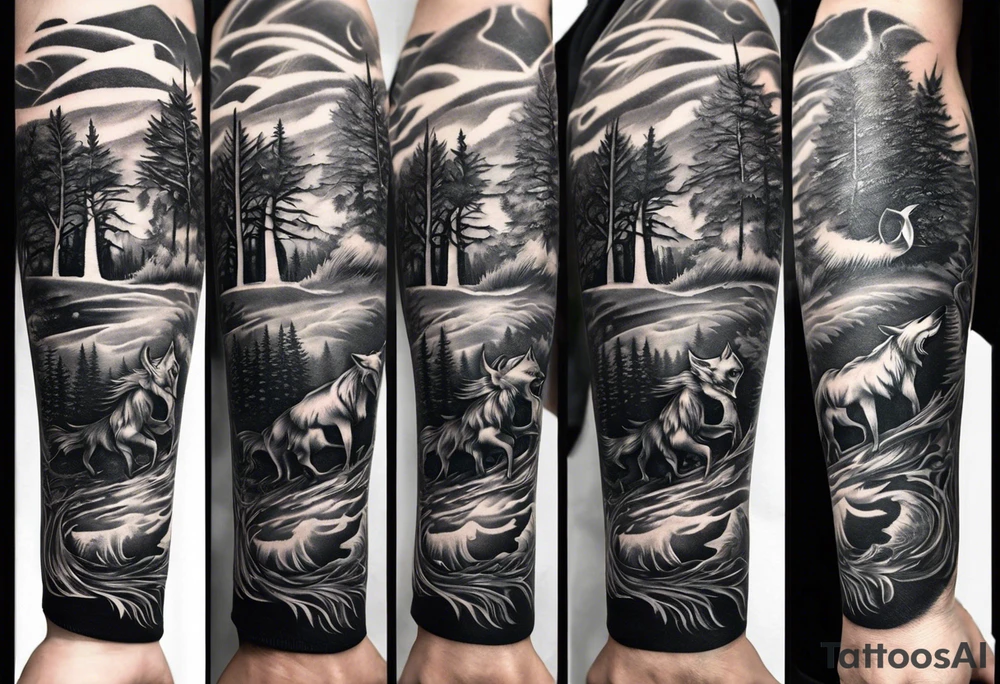 Create a vision of arm tattoo sleeve with combination of sword, crown, tree and three wolves to represent clients family roots tattoo idea