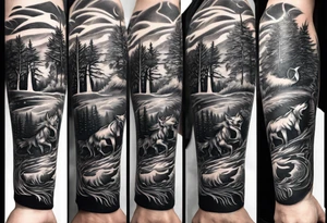 Create a vision of arm tattoo sleeve with combination of sword, crown, tree and three wolves to represent clients family roots tattoo idea