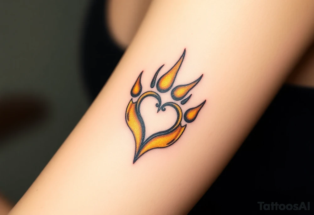 A lion paw imprint with golden highlights, the heart shape subtly emerging through tattoo idea