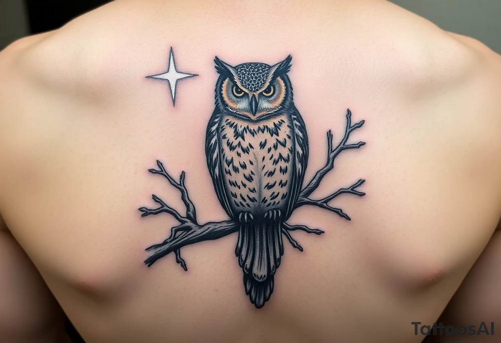 wise owl perched on ancient oak branch under starlit sky tattoo idea