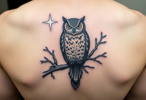 wise owl perched on ancient oak branch under starlit sky tattoo idea