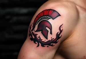 A bold red and burgundy Sparta “S” crest wrapped in black flames on the forearm. tattoo idea