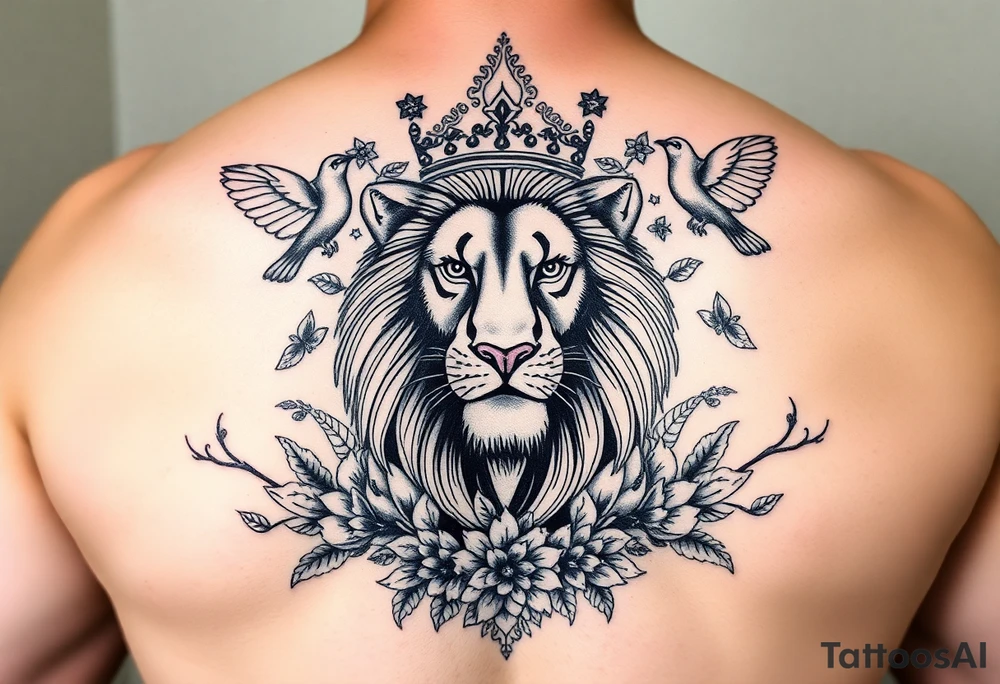 powerful majestic lion with a crown, surrounded by floral ornaments and birds tattoo idea