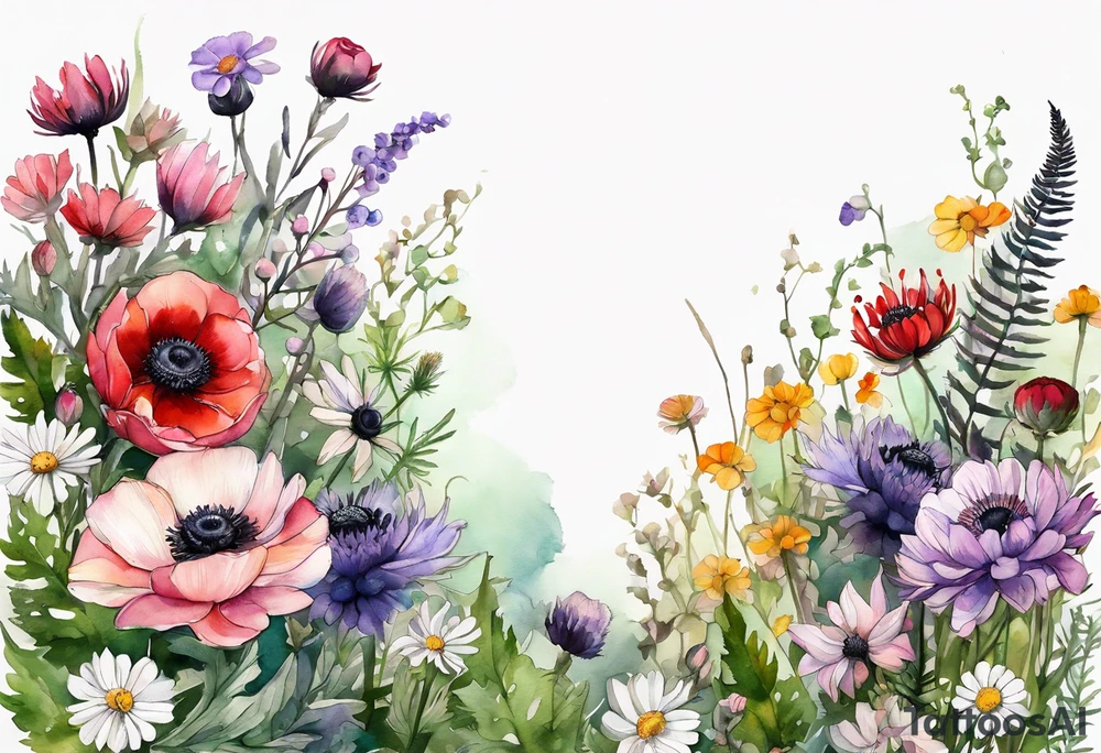 wildflowers with thistles, ferns, ranuculus, white anemones with black center, sun flowers, red flowers, pink flowers, purple flowers, buttercups, babys breath, daisies, and greenery all in watercolor tattoo idea