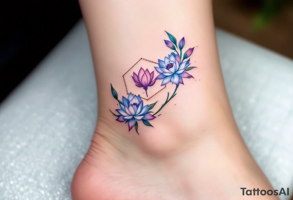 Small Feminine simple Dotted Line hexagon with Leo astrological symbol surrounded by larkspurs and water lilies tattoo idea