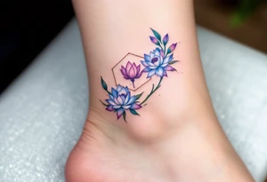 Small Feminine simple Dotted Line hexagon with Leo astrological symbol surrounded by larkspurs and water lilies tattoo idea