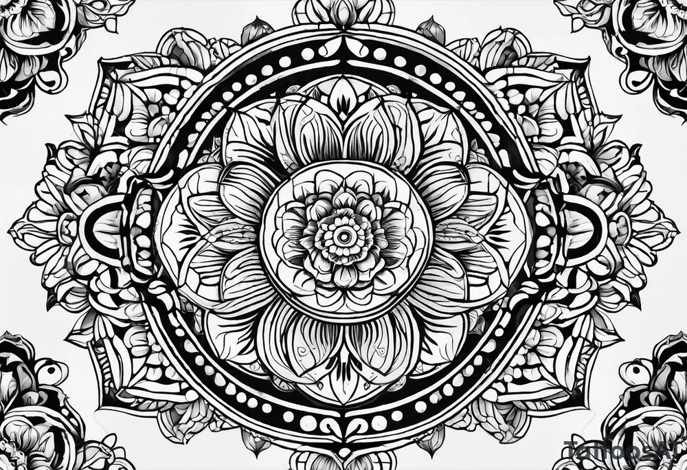 Mirrored style. Mexican flower mandala design minimalist fine line tattoo idea