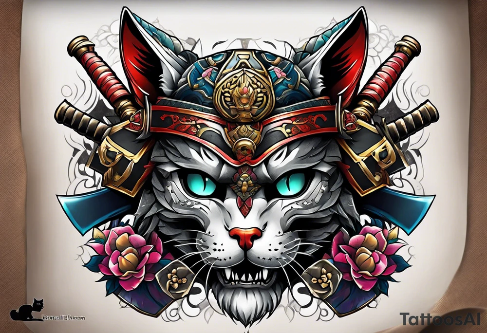A cat skull in a samurai armor tattoo idea