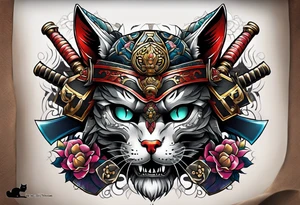 A cat skull in a samurai armor tattoo idea