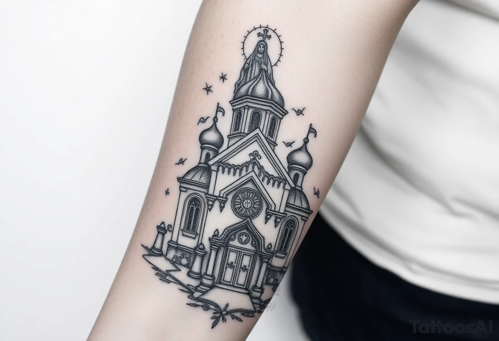 in a dorsal view a detailed orthodox church with a band at the front shrouded with a mist above and fading into a virgin mary overlooking above at the top tattoo idea