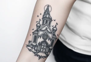 in a dorsal view a detailed orthodox church with a band at the front shrouded with a mist above and fading into a virgin mary overlooking above at the top tattoo idea