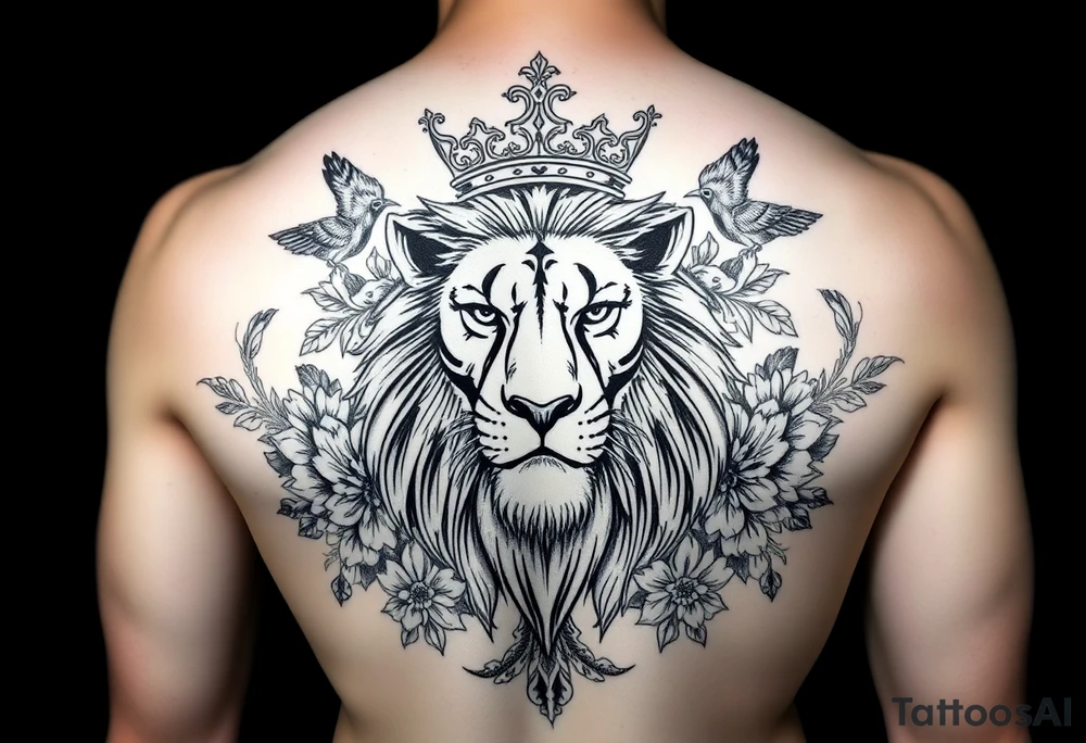 powerful majestic lion with a crown, surrounded by floral ornaments and birds tattoo idea