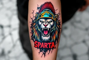 A roaring lion wearing a Sparta hockey helmet above the red Sparta logo on a cracked ice background. tattoo idea