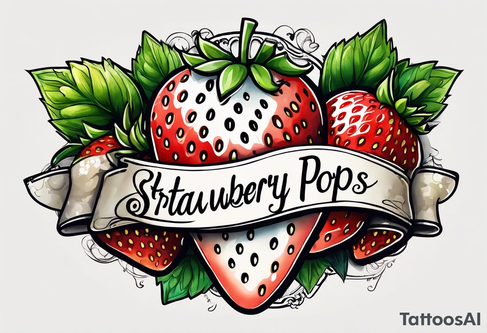One strawberry wrapped in banner that says Pops with no background tattoo idea
