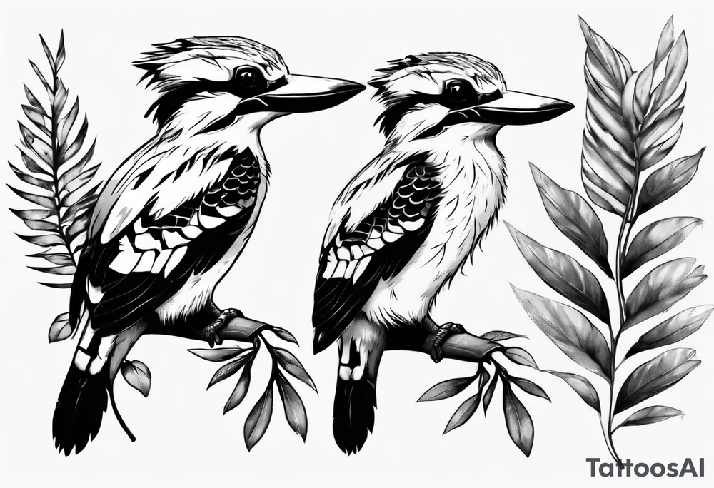 Small kookaburra holding wattle leaves tattoo idea