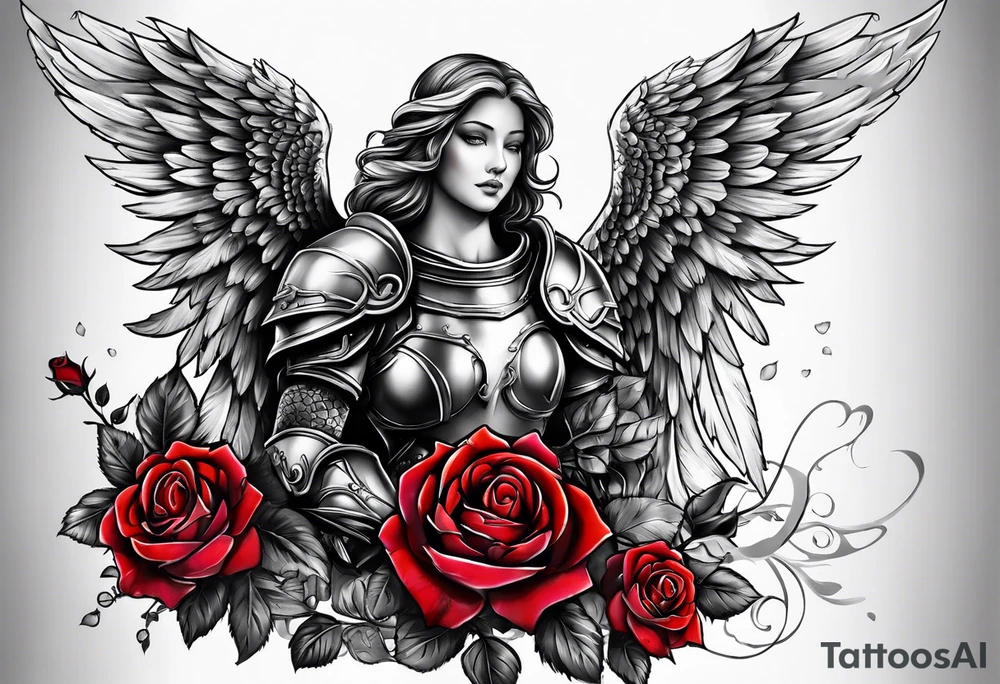 Angel in armor with colored roses tattoo idea