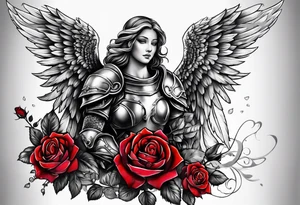 Angel in armor with colored roses tattoo idea