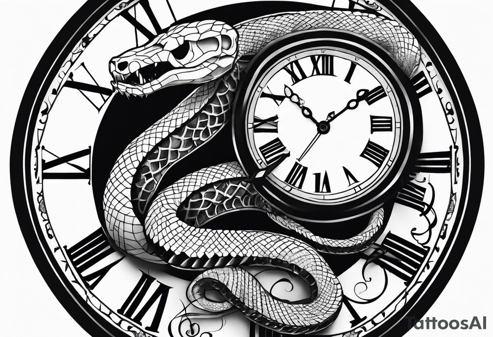 Hand tattoo snake biting clock with skeleton hand bone on wrist tattoo idea