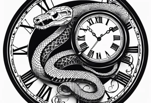 Hand tattoo snake biting clock with skeleton hand bone on wrist tattoo idea