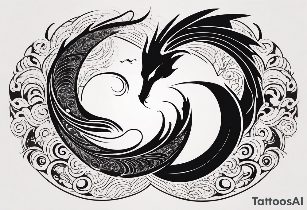 For a Gen Z-inspired dragon and phoenix tattoo, think of a clean, minimalist design that combines symbolism with bold, sleek lines. Imagine a dragon and phoenix spiraling together in a yin-yang-inspired layout. The dragon has a slightly abstract, modern shape, with sharp, flowing lines to show power, resilience, and wisdom, while the phoenix is rendered with sweeping curves and minimal detailing, symbolizing rebirth, growth, and transformation.

Both creatures should interact in a harmonious way, representing balance and duality. To keep it meaningful, focus on line work rather than intricate shading—clear, open spaces allow the tattoo to feel light and energetic. Adding small symbols, like stars or a faint galaxy backdrop, can enhance the "rising from ashes" and "strength through challenge" themes. This design will have a timeless appeal while resonating with Gen Z’s love for symbolism and simplicity. tattoo idea