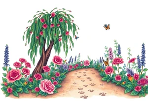 weeping willow garden with roses and liles flower beds. fantasy creatures, fairies, mermiads, dragons butterflies,  cat paw prints path in dirt. tattoo idea