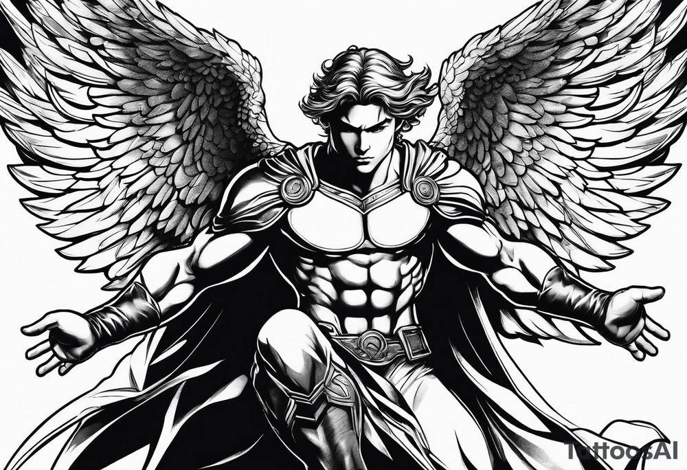 Angel in the pose of a superhero landing tattoo idea