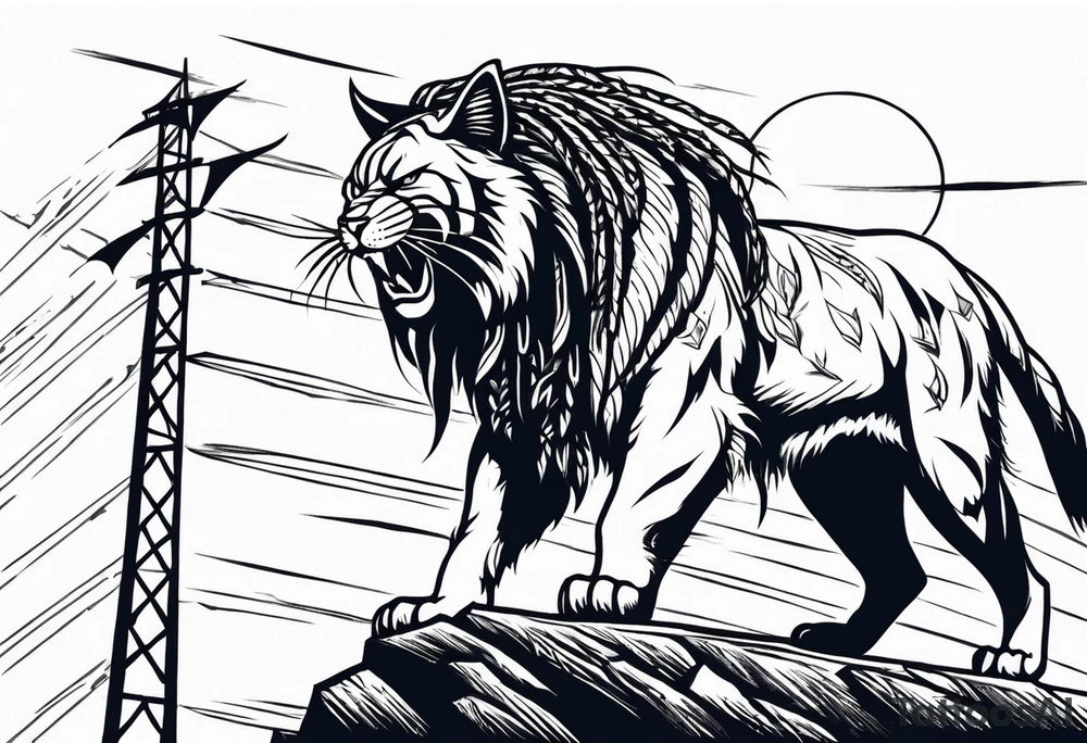 blue wildcat with long dreads under stadium football lights with a snarl on his face standing on a hill looking down at all his defeated opponents tattoo idea