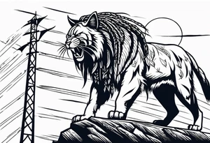 blue wildcat with long dreads under stadium football lights with a snarl on his face standing on a hill looking down at all his defeated opponents tattoo idea