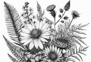 small vertical mixed wildflower bouquet with ferns, thistle and with watercolor tattoo idea