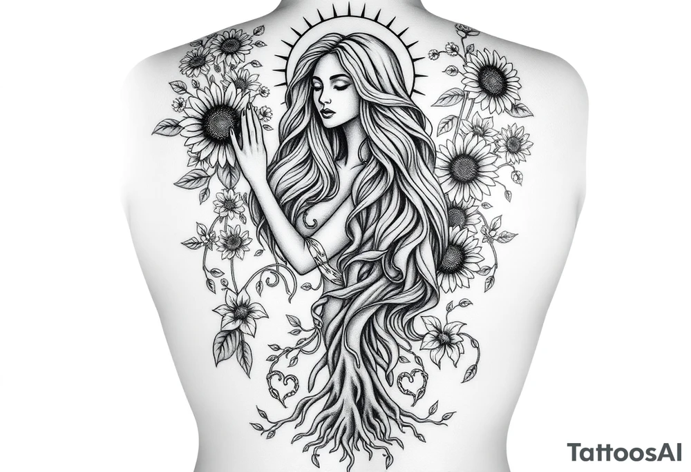 Realistic black and grey back tattoo design of Mother Earth surrounded by flowing sunflowers, wildflowers, vines, and glowing celestial elements. She has a calm, powerful face, long wavy hair blending into the plants, and is cradled by vines. Her hands are raised toward a radiant sun above her head. At the bottom, tree roots grow from her lower body, grounding her. The composition is vertical, ethereal, sacred, and feminine. Smooth shading, sculptural style, no cartoon features. High-detail, made for a full back piece. It should be the full body of Mother Earth going down the spine tattoo idea