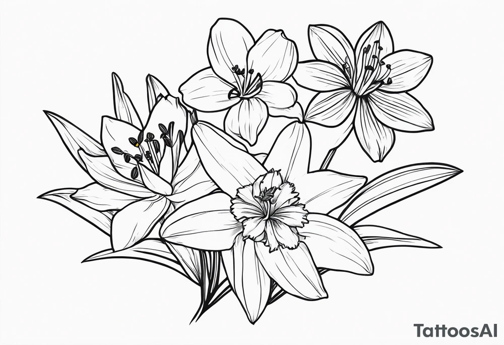 bouquet of flowers containing one lily, one daisy, one daffodil, and one narcissus. tattoo idea