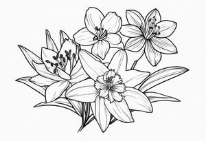 bouquet of flowers containing one lily, one daisy, one daffodil, and one narcissus. tattoo idea
