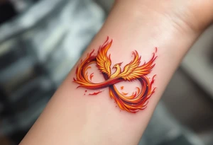 A phoenix rising from the flames in an infinity shape, colored in fiery red, orange, and gold, symbolizing rebirth. tattoo idea