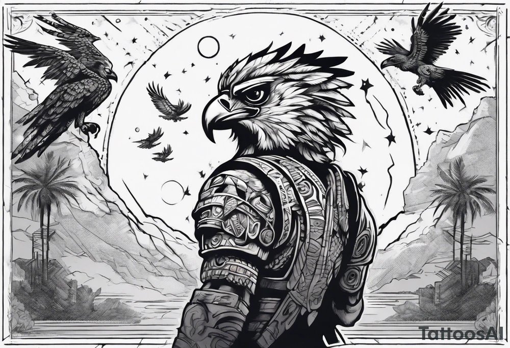 Aztec warrior gazing at the night sky in the moonlight as a harpy eagle flys by dark aesthetic tattoo idea