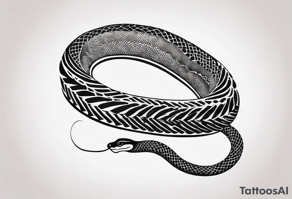 Create a detailed sketch of a snake tattoo. The design should feature a coiled snake with intricate scales and a dynamic, flowing pose. Emphasize the snake's head with a slightly menacing expression, its forked tongue flicking out. Include subtle shading to highlight the texture of the scales and give the design a sense of depth. The overall style should be clean and bold, suitable for a tattoo, with a focus on both artistic and anatomical accuracy. Consider incorporating elements like floral or geometric patterns in the background to complement the snake tattoo idea
