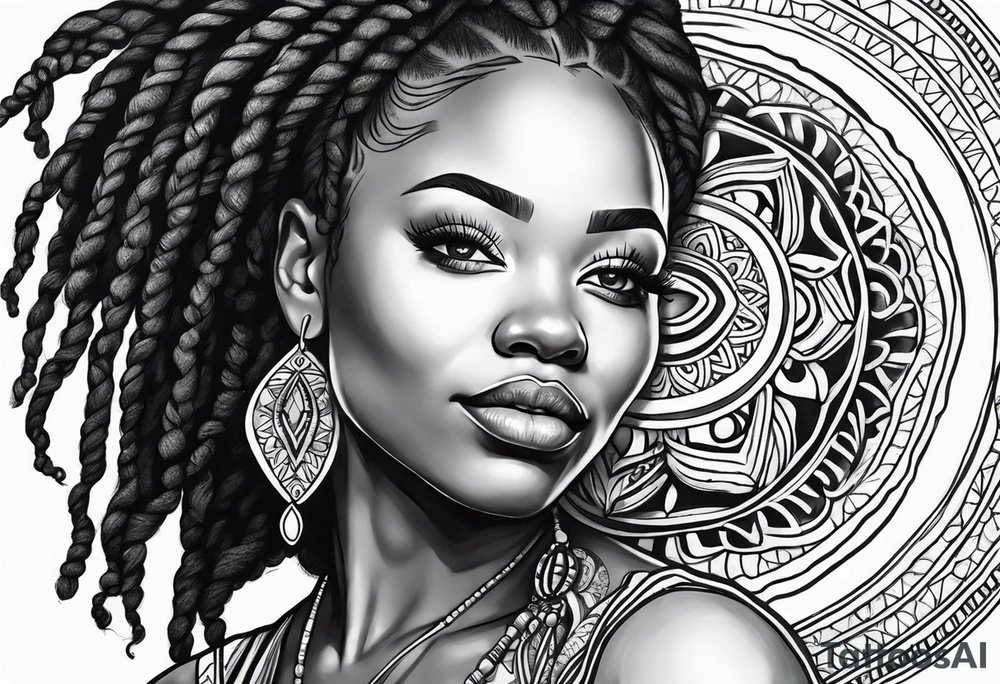 Black Woman with locs and mandala tattoo idea