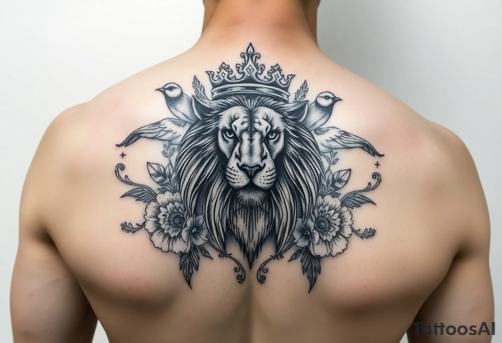 powerful majestic lion with a crown, surrounded by floral ornaments and birds tattoo idea
