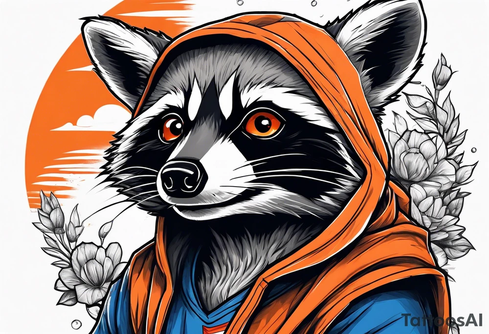 Raccoon wearing an orange Superman hoodie tattoo idea