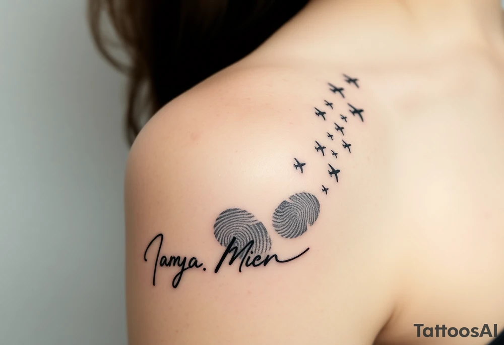 Memorial tattoo using line drawing style in black with shading. The design should flow up from his signature on the bottom, shading into fingerprints and the melting into small planes flying away to the top right. This will go on the left shoulder. tattoo idea