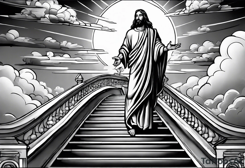 Jesus standing on a flight of stairs with clouds, sunshine and a dove in the background on the upper arm tattoo idea