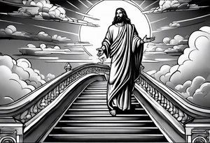 Jesus standing on a flight of stairs with clouds, sunshine and a dove in the background on the upper arm tattoo idea