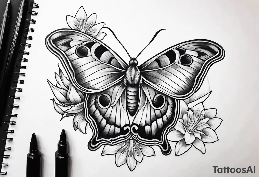Moon and stars moth lily tattoo idea