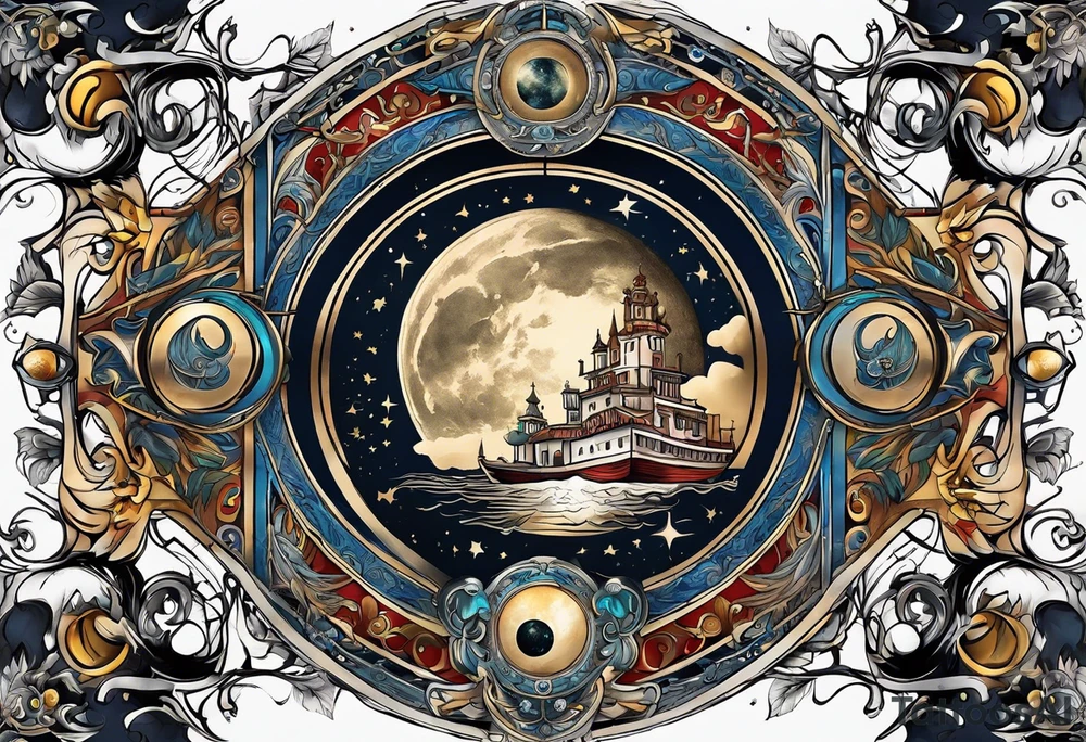 A tattoo design inspired by southern Italian folklore tales, incorporating mystical creatures and celestial objects such as moons and stars, reflecting the client's love for folklore and celestial objects. tattoo idea