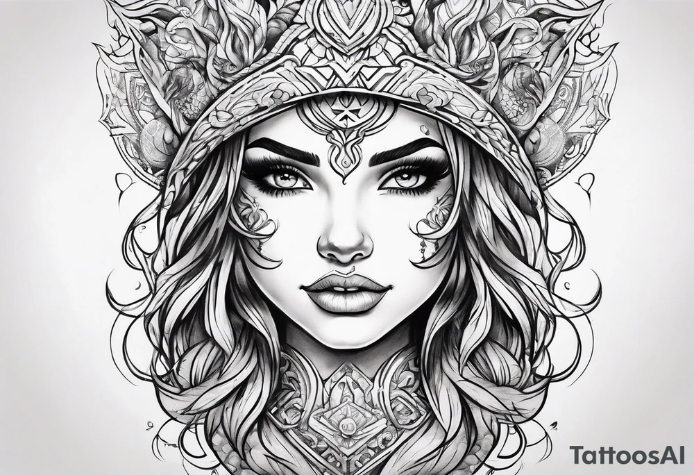 create a fire girl face inspired by Disney movie elements black tattoo idea