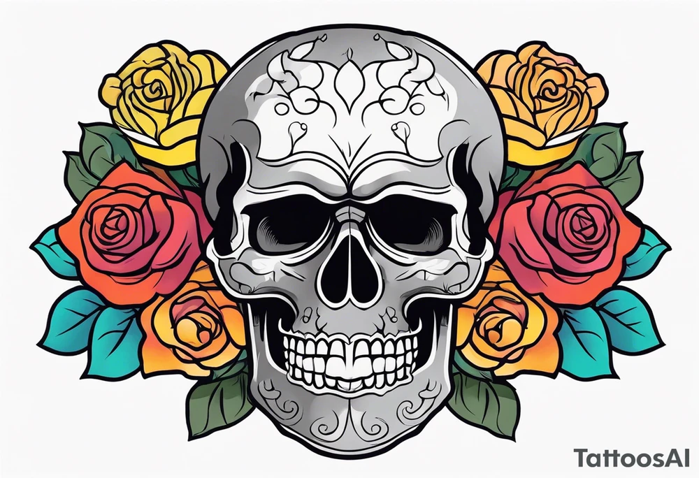 Gray skull smiling on bed of colorful roses tattoo idea