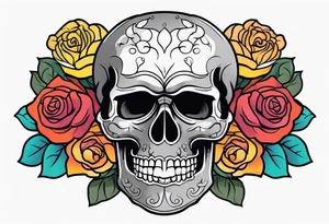 Gray skull smiling on bed of colorful roses tattoo idea