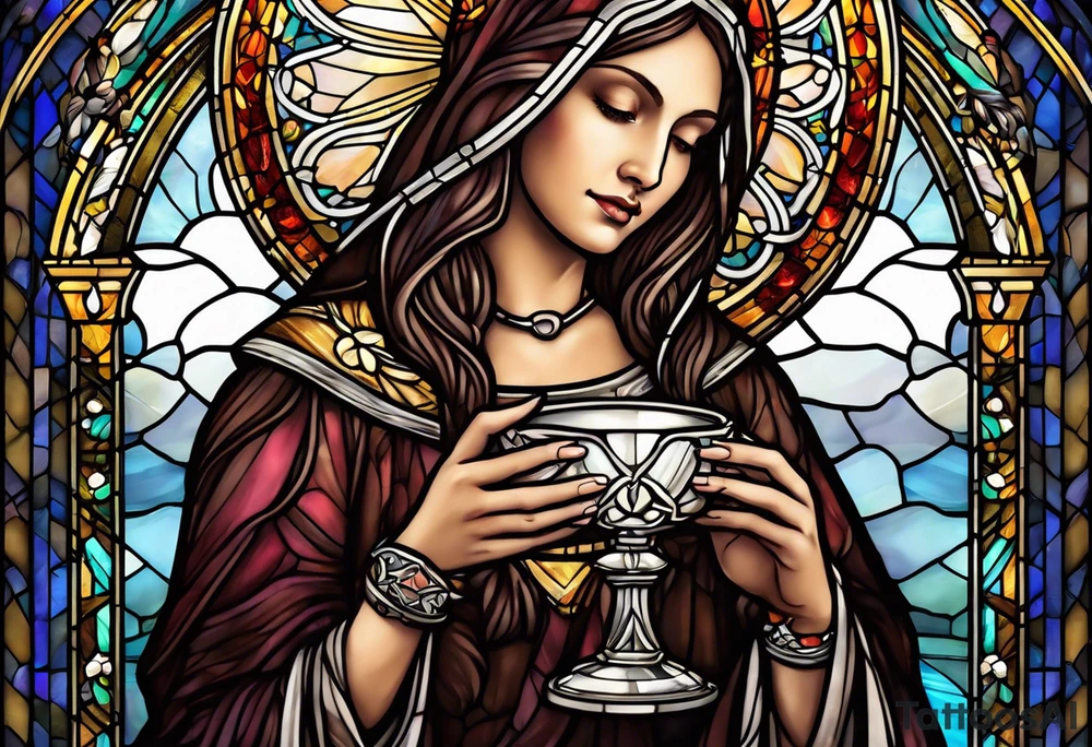 holy saint woman with halo stained glass holding a chalice tattoo idea