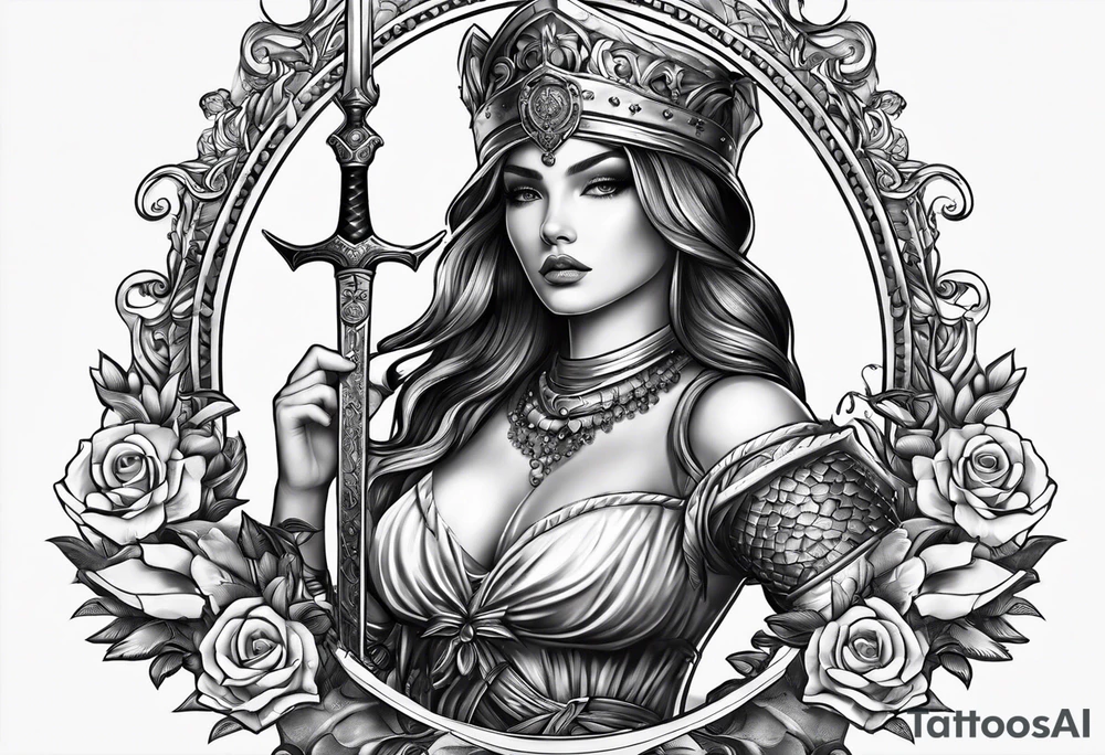 with lady juctice emblem a sword and a scale tattoo idea