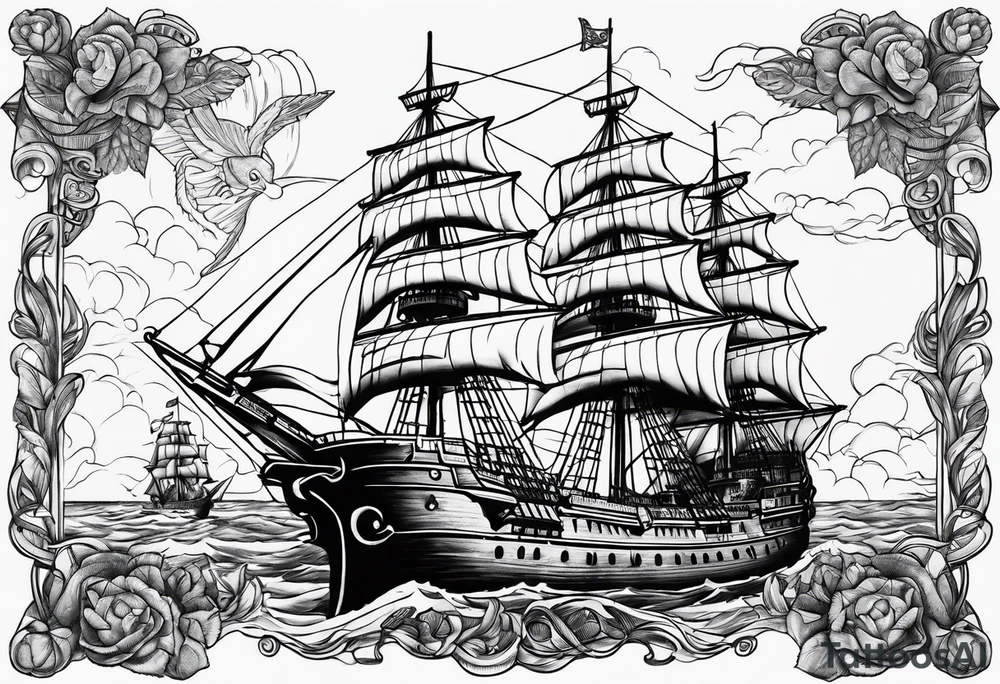Ship and pirates tattoo idea