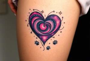 A galaxy-themed heart, filled with swirling deep purple, magenta, and navy blue, dotted with tiny white stars for a mesmerizing space feel and cat paw prints around tattoo idea